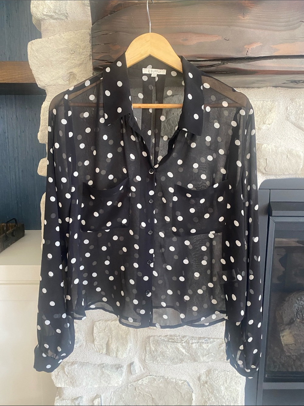 Z Supply Black Sheer Polka Dot Button-Down Blouse